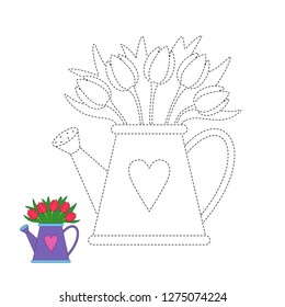 Vector worksheet for preschool kids with easy gaming level of difficulty. Simple educational game for children. Illustration of tulip bouquet in watering can