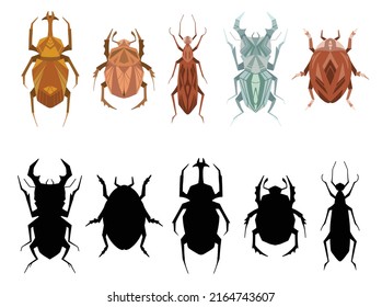 Plantilla de hoja de cálculo vectorial para clases preescolares.  Encuentra sombra adecuada para los insectos.  Buscar el objeto en la silueta negra correcta. Juego educativo infantil. Higos y escarabajos de póliza de dibujos animados