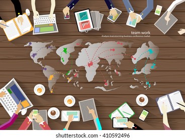 Vector workspace for business meetings and brainstorming. Traditional concepts and web banners, print media and mobile technology, tablet, laptop, diary, coffee cup, and a world map flat design