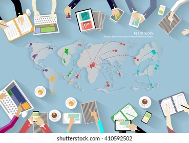 Vector workspace for business meetings and brainstorming. Traditional concepts and web banners, print media and mobile technology, tablet, laptop, diary, coffee cup, and a world map flat design