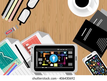 Vector Workspace businessman with modern technological equipment flat design