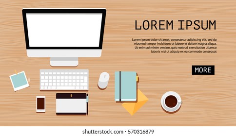 Vector workspace concept with place for text. Wooden table surface with computer, coffee cup, smartphone.