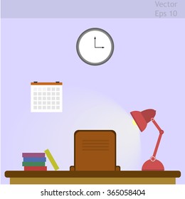 Vector workspace with lamp, books, clocks and calendar. Vector illustration
