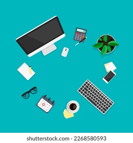 Vector workspace overhead view. Modern business work desk top in trendy style. Computer, glasses, smartphone, coffee, calculator, calendar, paper sheets and other items isolated on blue background.