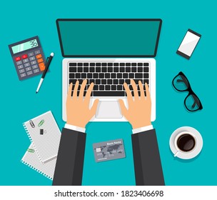 Vector workspace owerhead view. Modern business work desk top in trendy style. Hands are typing on a computer. Laptop, glasses, smartphone, coffee, calculator isolated on blue background