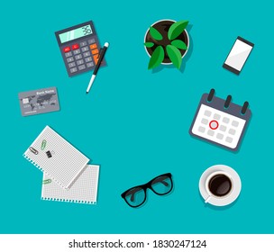 Vector workspace owerhead view. Modern business work desk top in trendy style. Glasses, smartphone, coffee, calculator, calendar paper sheets and other items isolated on blue background.	
