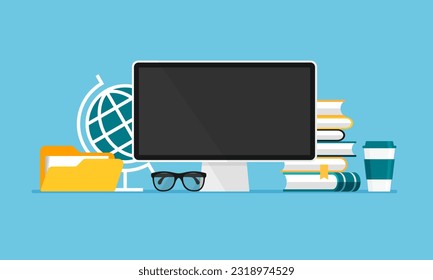 Vector workspace for student or school. Computer, books, globe, textbook, coffee. Home distance learning. Front view illustration in trendy flat style