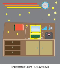 vector workspace, there are several elements of objects namely laptops, desks, wall clocks, pens, books, portable speakers