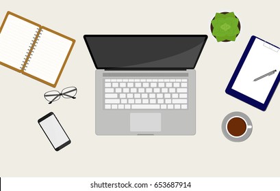 Vector workspace top view  with a laptop