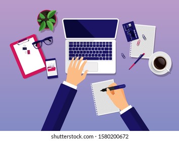Vector workspace top view. Modern business work desk top in trendy style. Hands are typing on a computer. Laptop, notebook, pencil, glasses, smartphone, coffee, credit card, clipboard. 