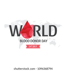 Vector World blood donor day - June 14 poster with map. Blood drop. Donate blood concept. Hemophilia day illustration