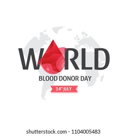 Vector World blood donor day - June 14 poster with map. Blood drop. Donate blood concept. Hemophilia day illustration