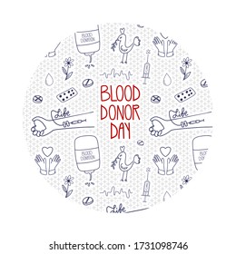 Vector World blood donor day. Doodle concept about donation, charity and support. Lifesaver campaign template graphic design.