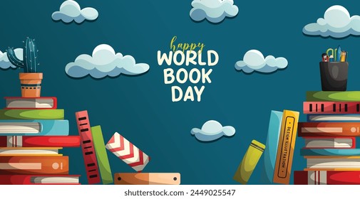 vector world book day banner with blue background