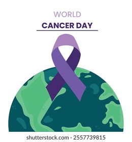 Vector world Cancer Day banner with purple ribbon and globe with the Earth. Cancer Awareness Day is celebrated annually on February 4. Cancer prevention poster