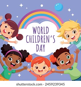 Vector día mundial de los niños, grupo de niños y niñas lindos Ilustración vectorial