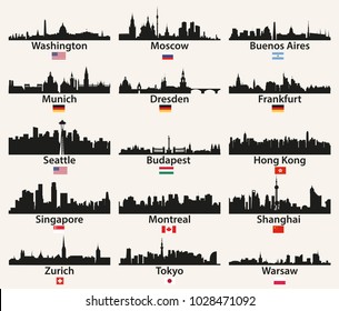 vector world cities skylines silhouettes with flags