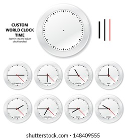 Vector world clocks. Capitals of the world shown in time zones with editable clock handles.