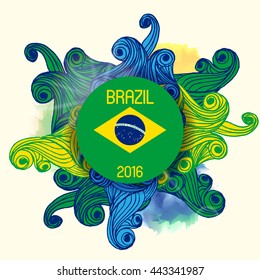 Vector World Cup Summer Sport Games brazilian flag colors background with Typographic  Abstract  Splashes and Sun Flare