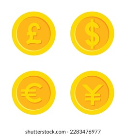 monedas de oro del mundo vector monedas, dólar, euro, yen, libra esterlina