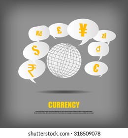 Vector : World and currency symbol in bubble quotes