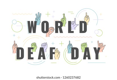 Vector world deaf dat holiday with deaf-mute alphabet with hand gestures set. Hand drawn mute language, communication for disabled people. Finger, palm and fist signs collection. Isolated illustration