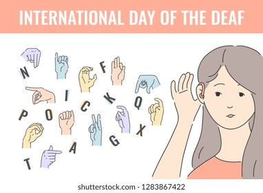 Vector world deaf dat holiday with deaf-mute alphabet with hand gestures and deaf young woman. Mute language, communication and beautiful female disabled character. Finger, palm and fist signs