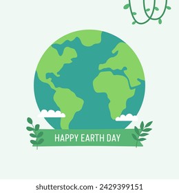 Vector world earth day with ribbon banner and plant flat design illustration