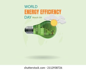 Vector World Energy Efficiency Day.light Bulb With Green Plant Icon. Efficient City Inside Light Bulb.Vector EPS10