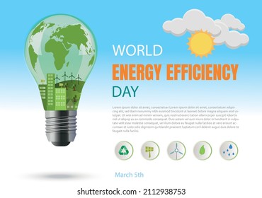 Vector World energy efficiency day.Light bulb with green plant icon. Natural energy icons.