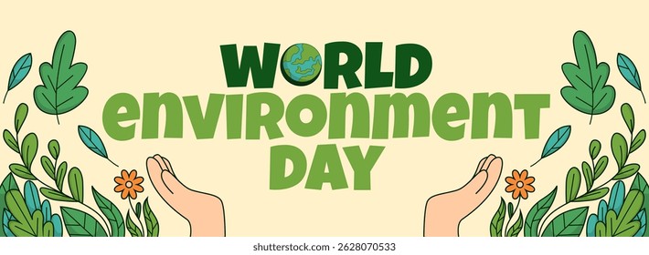 Vector world environment day banner flat illustration with plants and earth icons modern flat style. Horizontal poster, greeting card, header for website