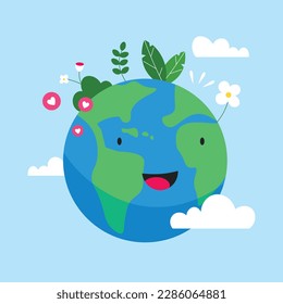 Vector world environment day concept flat illustration with earth is smiling and happy