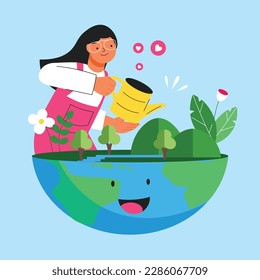 Vector world environment day concept flat illustration with woman watering plant takes care for environment