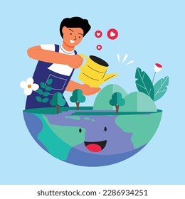 Vector world environment day concept flat illustration with man watering plant takes care for environment