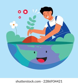 Vector world environment day concept flat illustration with man planting trees takes care for environment 