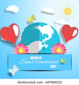 Vector World Environment Day paper craft on the gradient blue background with globe and red flowers insert in the blue paper pocket, heart balloons, shadow, butterflies and text.