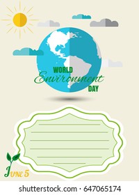 Vector World Environment Day poster on the light background with blue globe with shadow, clouds, sun, empty label for text.
