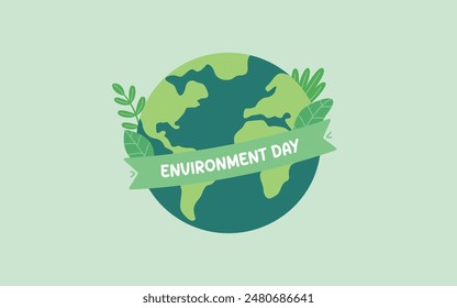 Vector world environment day with ribbon banner and plant flat illustration
