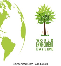 vector  of a world environment day, tree and planet  over green  color backdrop