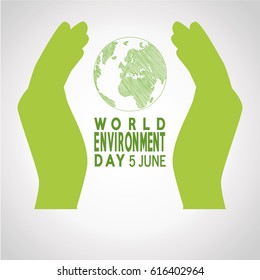 vector  of a world environment day, two hands protecting planet  over white   color backdrop