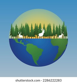 Vector world environment and earth day concept , tree and animal on earth