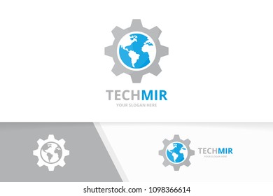 Vector world and gear logo combination. Earth and mechanic symbol or icon. Unique globe and industrial logotype design template.