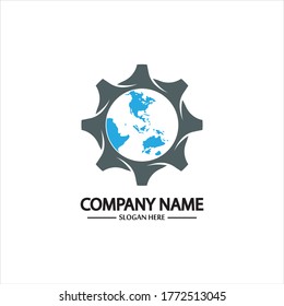 Vector world and gear logo combination. Earth and mechanic symbol or icon. Unique globe and industrial logotype design template.