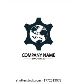 Combinación de mundo vectorial y logotipo de engranajes. Símbolo o icono de la Tierra y la mecánica. Plantilla única de diseño de lotipo industrial y globo terráqueo.