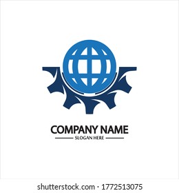 Vektorwelt und Logo-Kombination. Erd- und Mechaniksymbol oder -symbol. Einzigartiges Design-Template für den Globus und die Industrie.