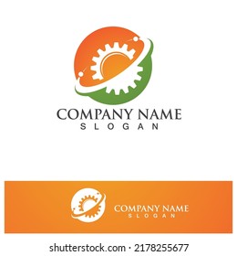 Vector world and gear logo combination. Earth and mechanic symbol or icon. Unique globe and industrial logotype design template.