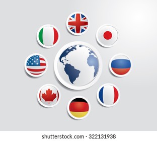 Vector world globe with flags of G8 countries.