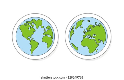Vector world globe isolated on white background with North & South America Greenland Africa Europe Asia. Planet Earth green and blue illustration