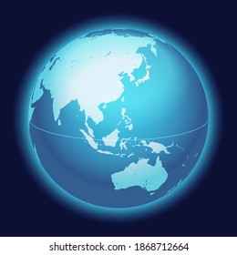Vector World Globe Map. China, Australia, Eastern Asia Centered Map. Blue Planet Sphere Icon Isolated On A Dark Background. 