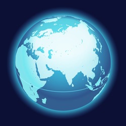 Vector World Globe Map. India, Middle East, Asia Centered Map. Blue Planet Sphere Icon Isolated On A Dark Background. 